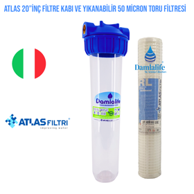 Atlas 20'' Inç Filtre Kabı ve Atlas Yıkanabilir 50 Micron Tortu Filtresi 3/4